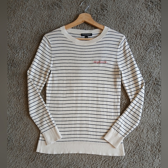 Silk & Cashmere Striped Cream & Black Crew Neck Knit Sweater XS Banana Republic - Picture 1 of 9